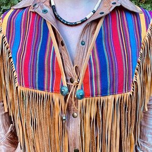 VTG CACHÉ Western Outfit Genuine Leather Fringe Poncho Rainbow Boho Cowgirl Cape